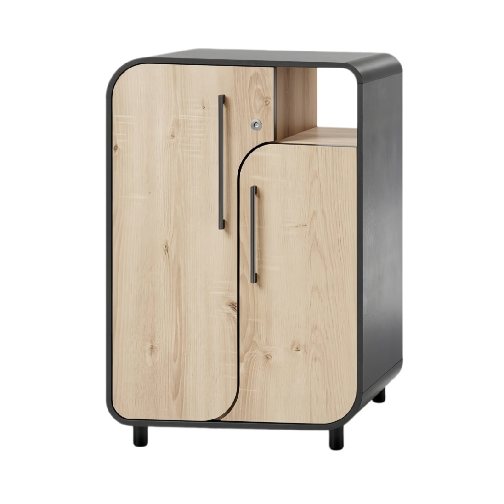**Technische titel in het Nederlands:** **Moderne houten opbergkast met zwarte accenten**